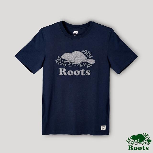 【Roots】Roots男裝- 椒鹽灰系列 海狸LOGO短袖T恤(藍色)