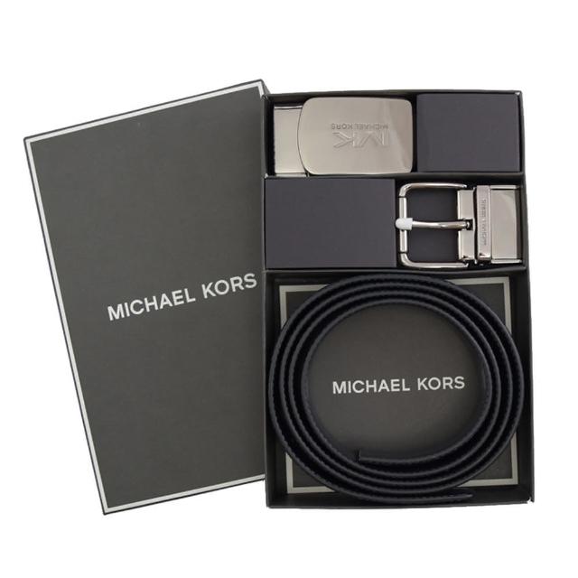 【Michael Kors】金屬MK LOGO雙頭雙材質皮帶禮盒組(深藍)