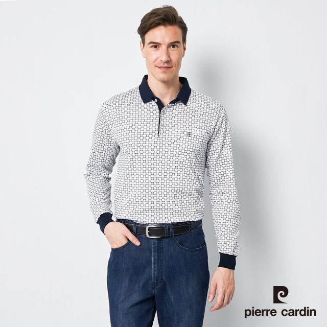 pierre cardin 皮爾卡登【pierre cardin 皮爾卡登】男款 吸濕排汗 絲光棉 六角PK印花 薄長袖POLO衫-白色(5185212-90)