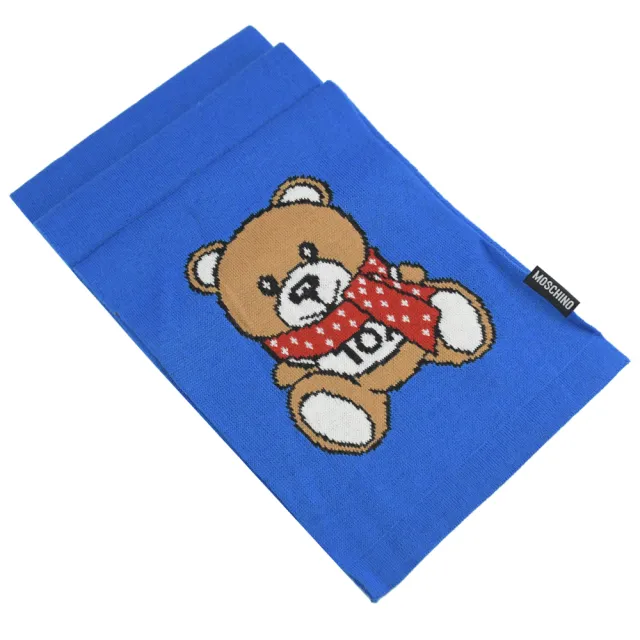 【MOSCHINO】品牌大隻泰迪熊素雅羊毛混紡披肩圍巾(藍)