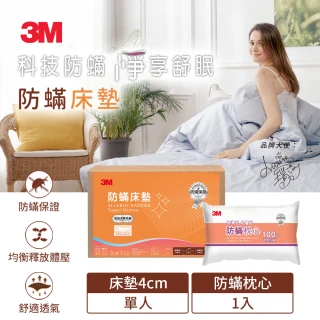 【3M】低密度防蹣記憶床墊標準型4cm-單人3x6.2(加碼送防蹣枕心1入)