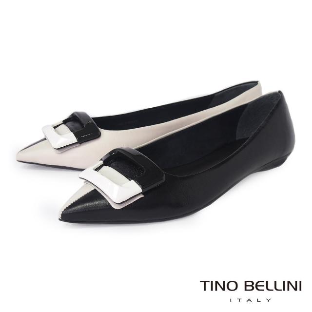 【TINO BELLINI 貝里尼】巴西進口法式優雅雙色拼接方飾尖頭平底鞋FWBT0023(黑)