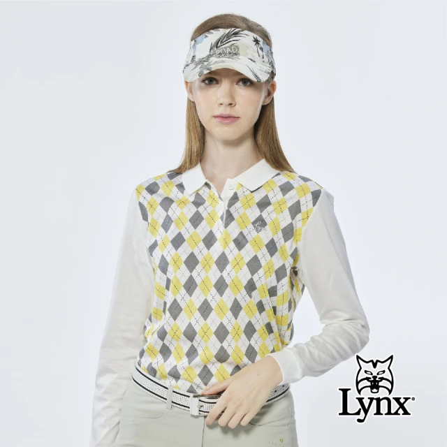 【Lynx Golf】女款純棉雙絲光經典英倫菱格紋路Lynx繡花長袖POLO衫(黃色)