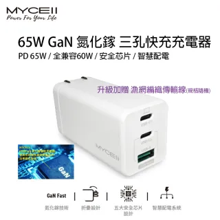 【MYCEll】65W氮化鎵三孔充電器 TypeC*2+USB*1 升級加贈漁網編織線 規格隨機(支援iPhone/Mac/Switch充電)