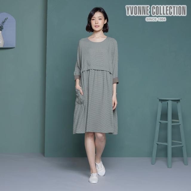 【Yvonne Collection】細格紋假兩件式七分袖洋裝(夜幕綠)