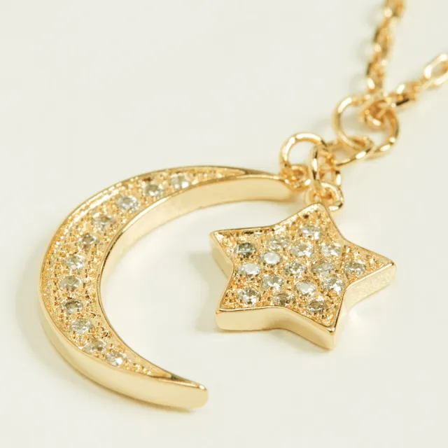 【SHASHI】SHASHI MOON STAR 925純銀鑲18K金色項鍊(白鑽星星月亮雙墜)
