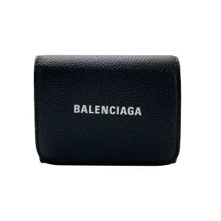 【Balenciaga 巴黎世家】經典Logo黑牛皮三折拉鍊零錢袋壓釦短夾(655622-黑)