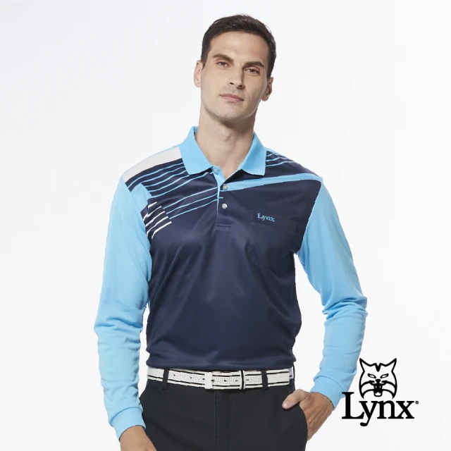 【Lynx Golf】男款吸濕排汗線條配色印花胸袋款長袖POLO衫(淺藍色)
