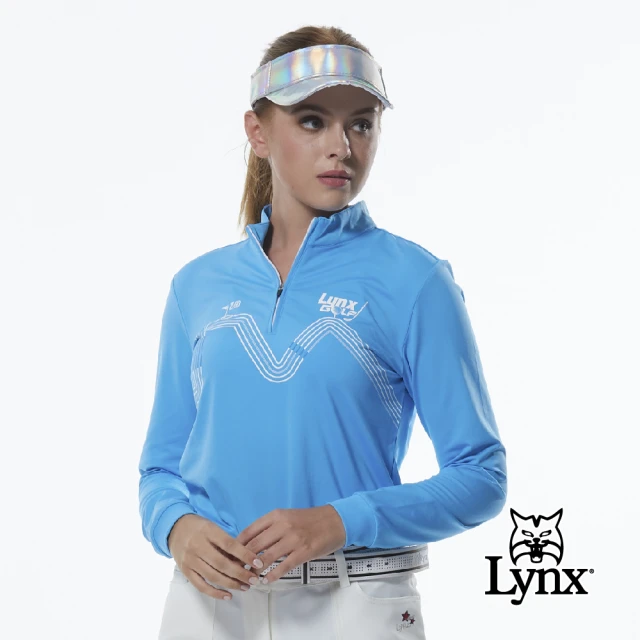 【Lynx Golf】女款吸濕排汗果嶺18洞球道印花立領長袖POLO衫(藍色)