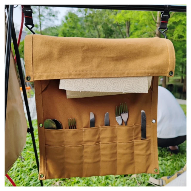 【May shop】帆布露營餐具收納包 野營野餐燒烤野炊具收納袋 折疊餐桌置物袋