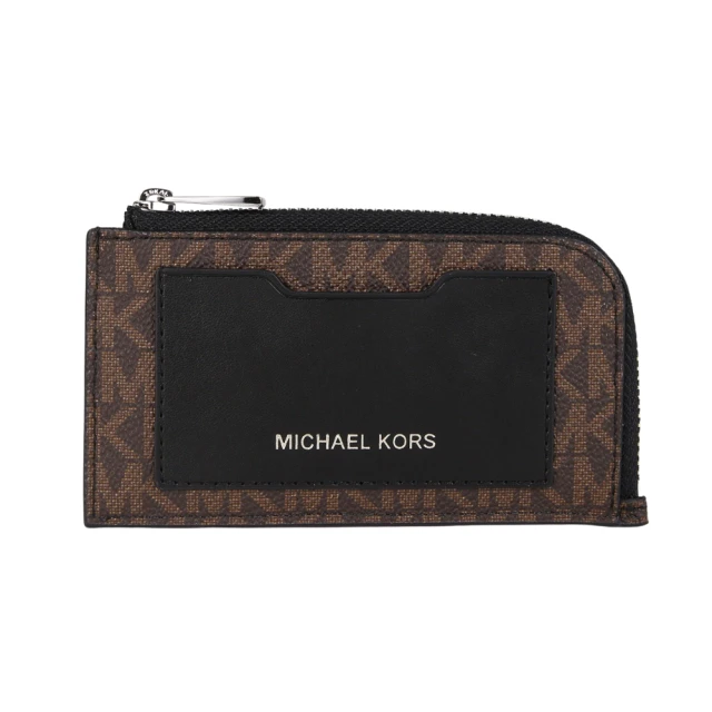 【Michael Kors】Gifting 滿版MK拼接皮革L型拉鍊卡夾零錢包(咖啡黑)