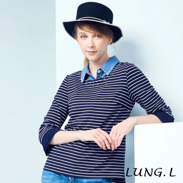 【LUNG.L 林佳樺】LK51A#藍色細條紋袖口壓褶七分袖上衣(女裝)