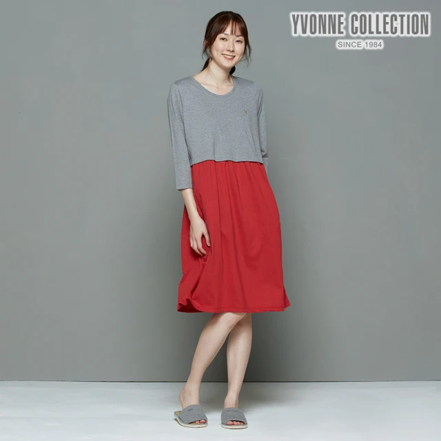【Yvonne Collection】網路限定｜假兩件式七分袖洋裝(石榴紅)