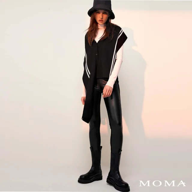 【MOMA】異材質拼接仿皮內搭褲(黑色)