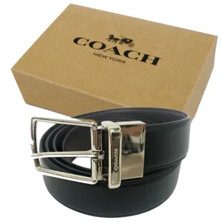 【COACH】滑面牛皮銀色針釦男款皮帶禮盒(黑/深咖)