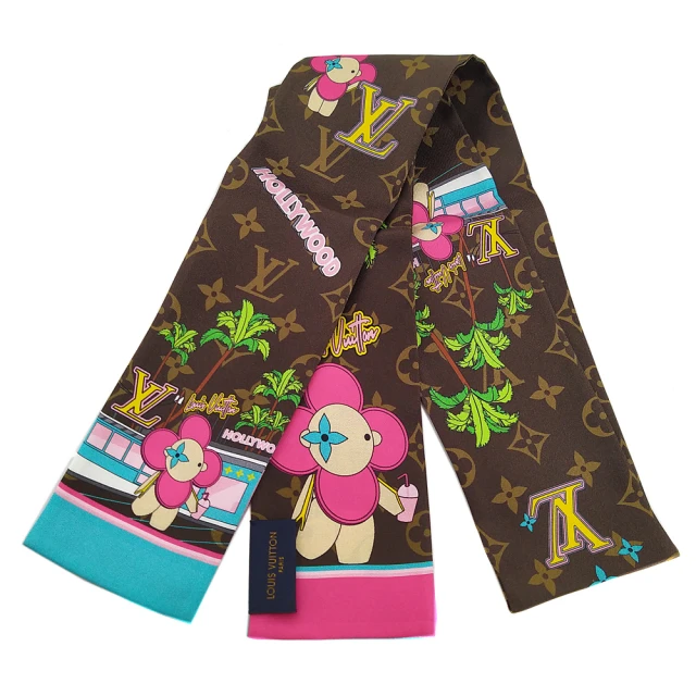 【Louis Vuitton 路易威登】HOLLYWOOD XMAS 吉祥物Vivienne與小熊遊好萊塢印花絲巾(限量款)