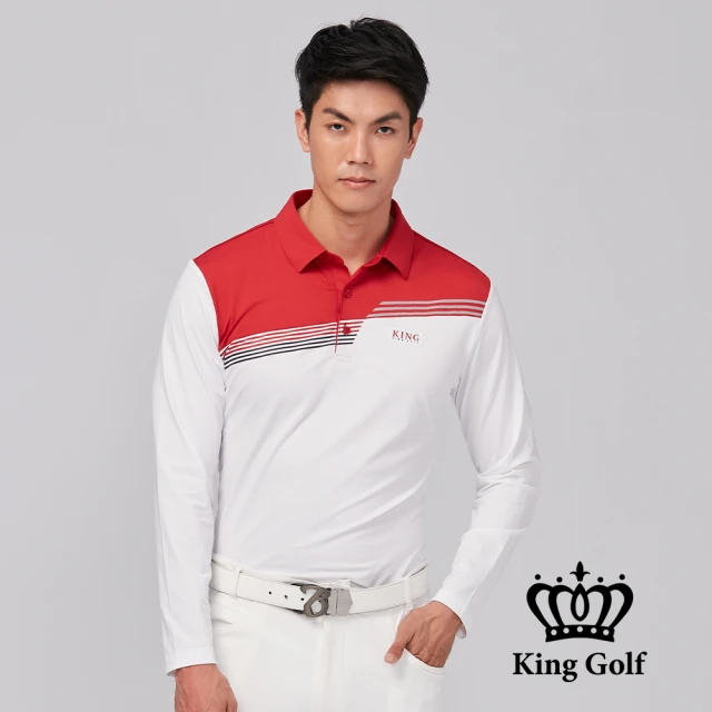 KING GOLF【KING GOLF】條文印花拼接撞色薄款長袖POLO衫(紅白)