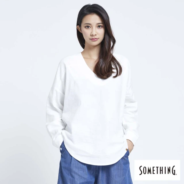 SOMETHING【SOMETHING】V領圓弧下擺上衣-女款(米白色)