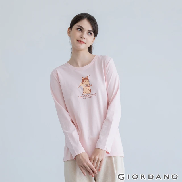 GIORDANO 佐丹奴【GIORDANO 佐丹奴】女裝可愛動物印花長袖T恤(01 淡珍珠紅)