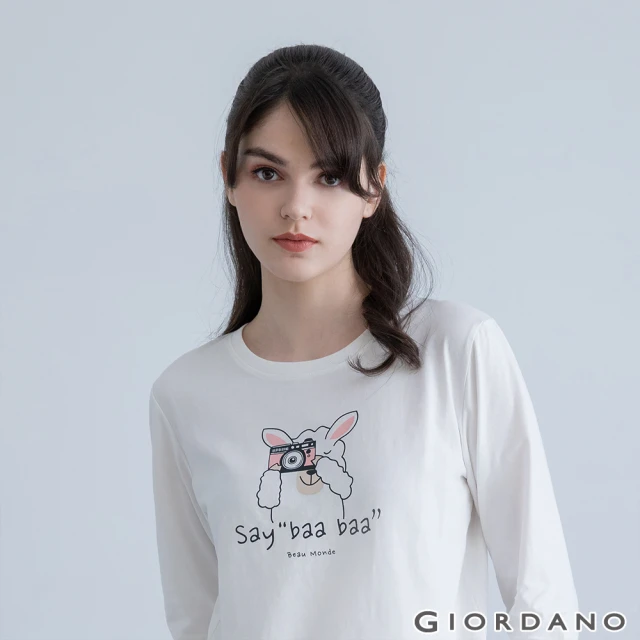 GIORDANO 佐丹奴【GIORDANO 佐丹奴】女裝可愛動物印花長袖T恤(02 皎白)