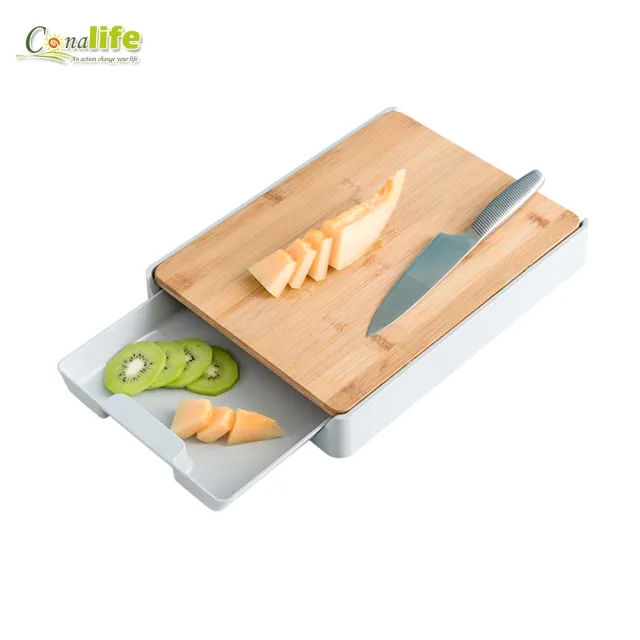 【Conalife】多用途切菜裝菜二合一雙面抽屜竹砧板