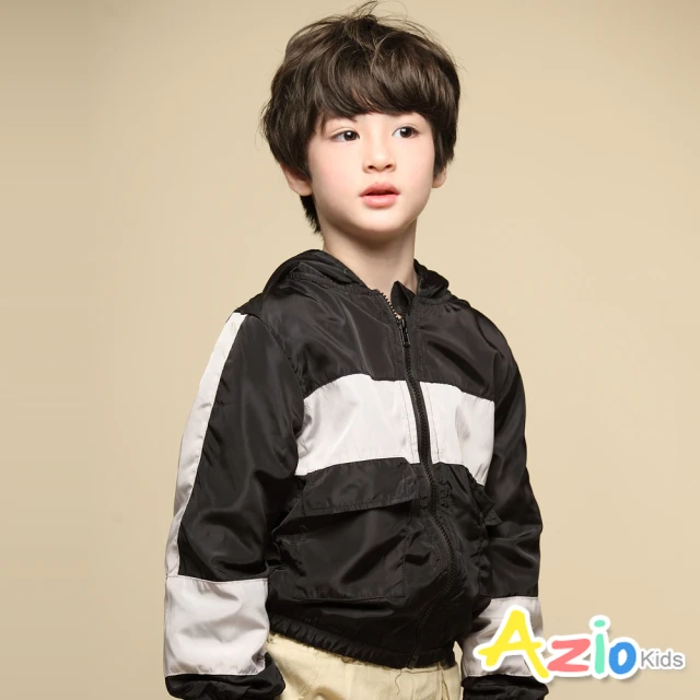 【Azio Kids 美國派】男童 外套 灰黑接片配色搖粒絨內裡連帽防風長袖外套(灰)