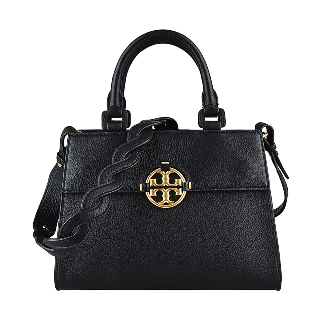 【TORY BURCH】TORY BURCH MILLER經典金字LOGO牛皮拼麂皮磁吸式編織手提斜背包(黑)