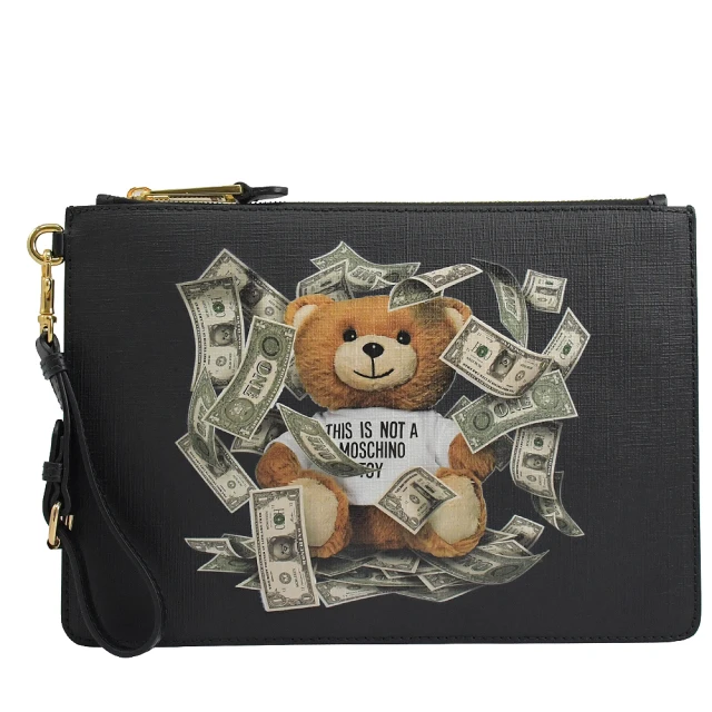 MOSCHINO【MOSCHINO】鈔票泰迪熊手提式萬用包手拿包小ipad包(黑 大款)