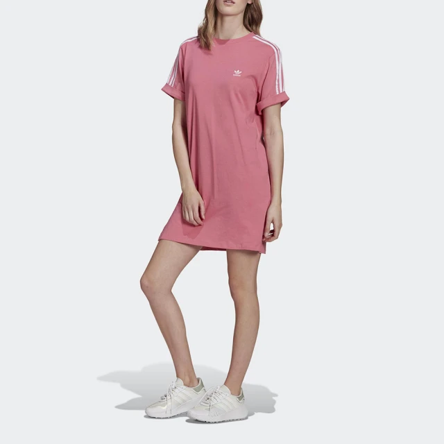 【adidas 愛迪達】洋裝 女 連身裙 運動 三葉草 國際尺寸 TEE DRESS 粉 H35503