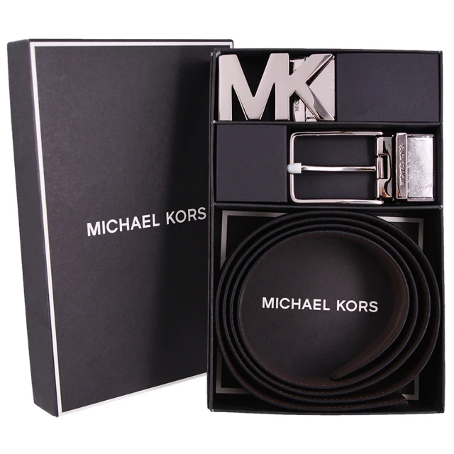 【Michael Kors】紳士風 男款 雙釦頭LOGO 雙面用 窄版皮帶 禮盒(經典黑/咖啡)