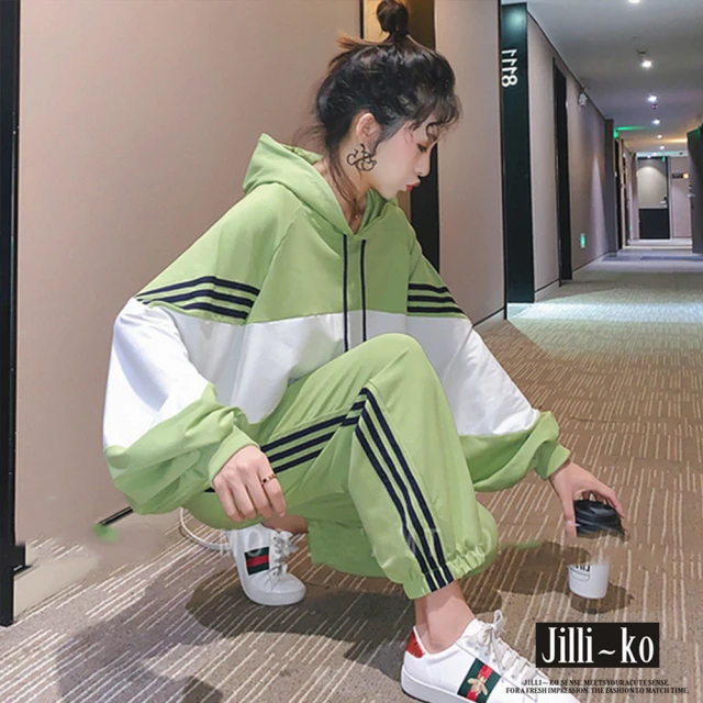 【JILLI-KO】兩件套燈籠袖寬版運動套裝-F(綠/黑)