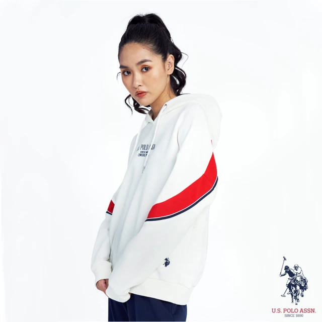 U.S. POLO ASSN.【U.S. POLO ASSN.】女款手袖設計帽T-純白色(熱銷經典)