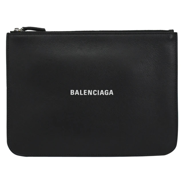 【Balenciaga 巴黎世家】品牌LOGO烙印素雅牛皮大手拿包萬用包(黑)