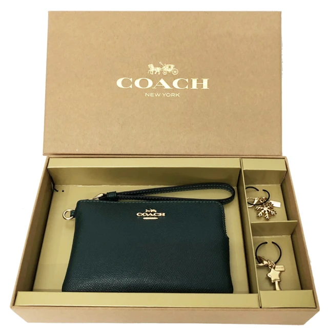 COACH【COACH】展示品素面雙吊飾手拿零錢包禮盒(墨綠)