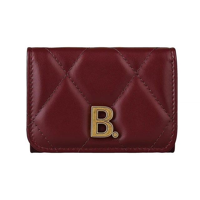 【Balenciaga 巴黎世家】BALENCIAGA TOUCH古銅LOGO格紋羊皮3卡扣式短夾(深紅)