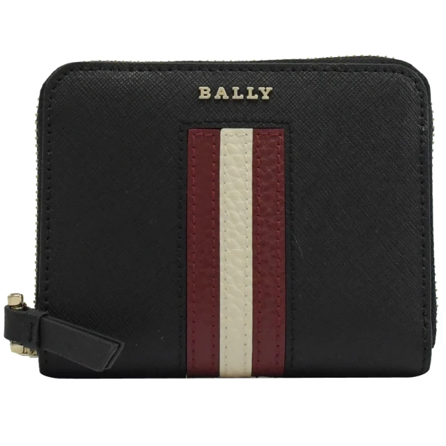 【BALLY】品牌紅白紅條紋防刮皮革信用卡零錢包短夾(黑)