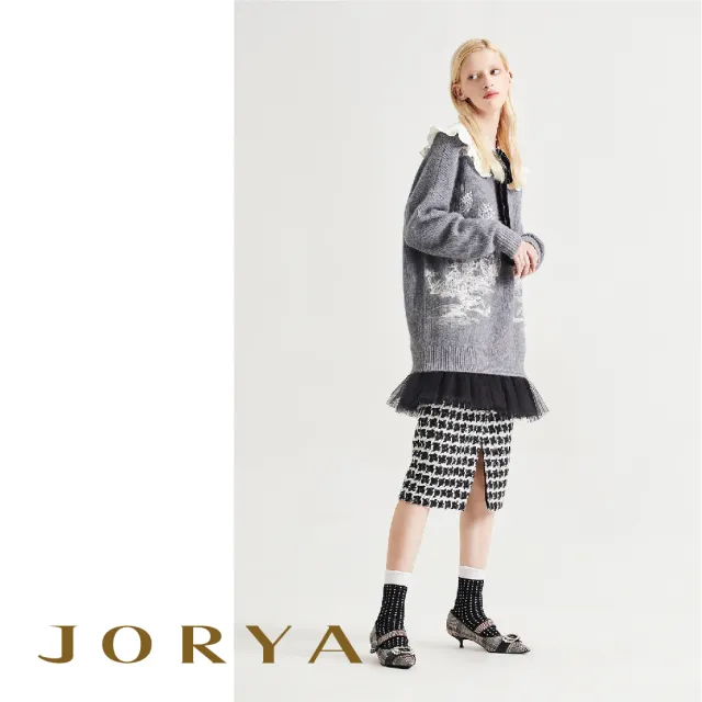 【JORYA】L1600402千鳥格紋羊毛混紡針織窄版中長裙/