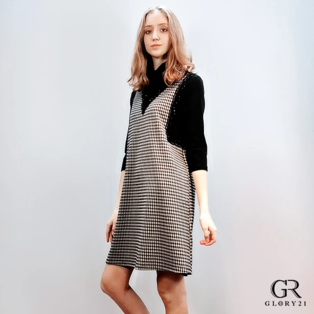 GLORY21【GLORY21】立領蕾絲細格紋洋裝(黑色)