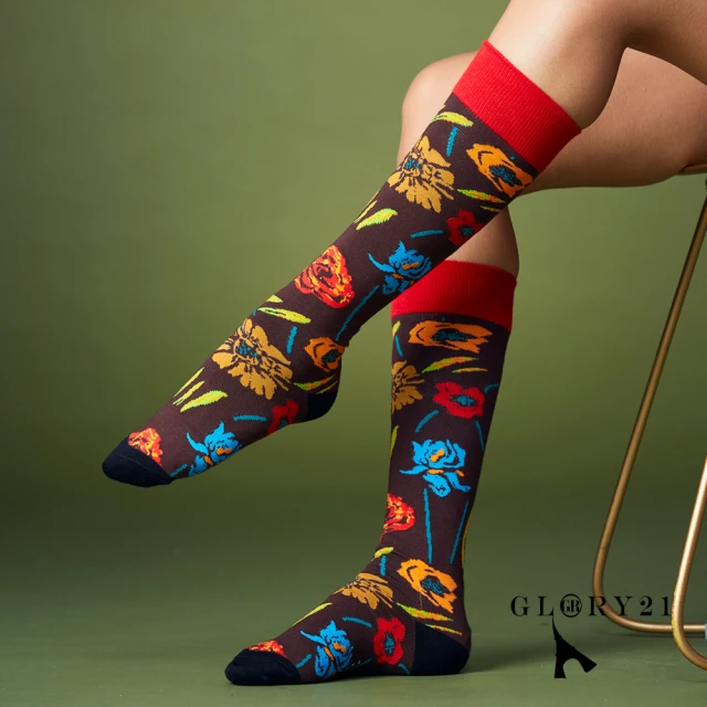 GLORY21【GLORY21】網路獨賣款-法式時尚潮風高筒襪(花朵咖啡)