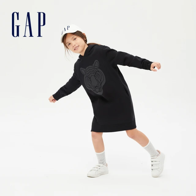 GAP【GAP】女童 虎年限定 碳素軟磨系列 刷毛連帽休閒洋裝(755468-黑色)