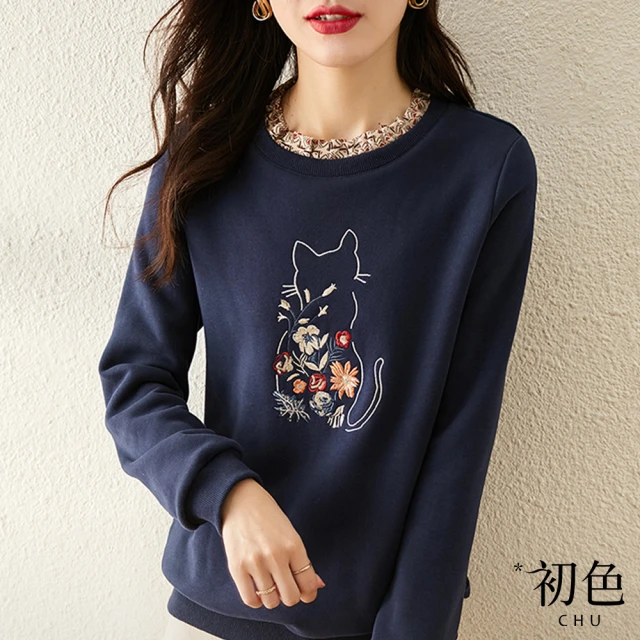 【初色】慵懶風木耳邊花卉貓咪刺繡上衣-寶藍色-91647(M-2XL可選)