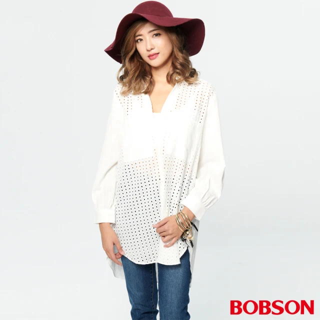 【BOBSON】女款洞洞蕾絲長版襯衫(37087-80)