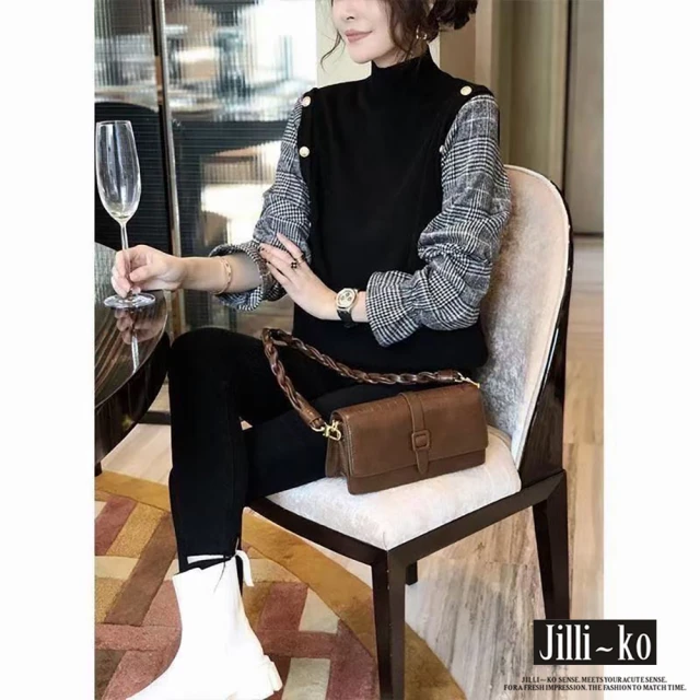 JILLI-KO【JILLI-KO】時尚格紋假兩件針織上衣-F(黑/杏)