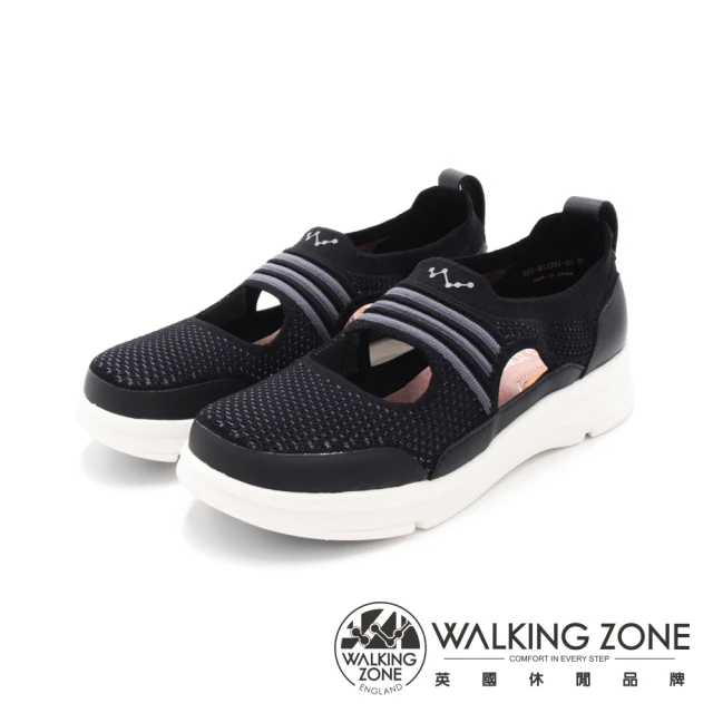 【WALKING ZONE】女 厚底飛織透氣縷空休閒健走鞋 女鞋(黑)