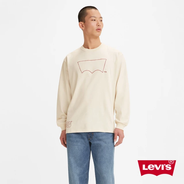 【LEVIS】Red工裝手稿風 男款 長袖T恤 / 復古手寫風Logo / 寬鬆休閒版型 / 豆腐色-人氣新品