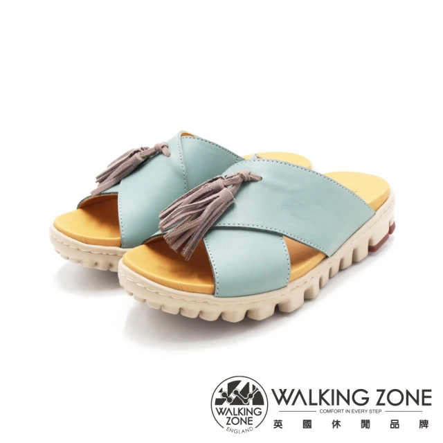 【WALKING ZONE】女 流蘇交叉輕便彈力拖鞋 女鞋(藍)