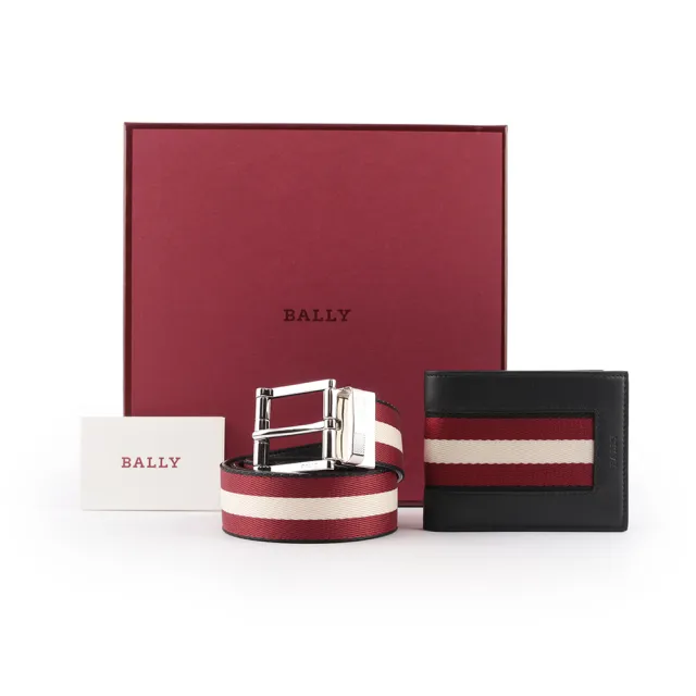 【BALLY】紅白織帶雙面可用皮帶+平滑皮革6卡短夾禮盒組(多色)