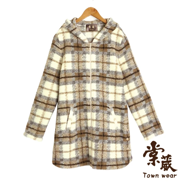 【TOWN’WEAR 棠葳】格紋羊毛長版連帽外套(口袋/中長款/長袖/開衩/拉鍊)