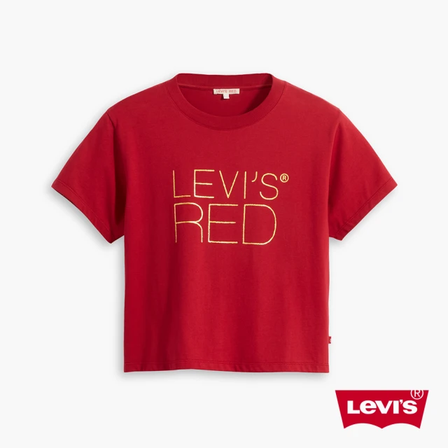 【LEVIS】Red工裝手稿風 女款 中短版短袖T恤 / 復古手寫風金線Logo-人氣新品