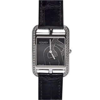 【Hermes 愛馬仕】經典鱷魚皮鑽石鑲飾框邊女仕腕錶(黑色3375649)